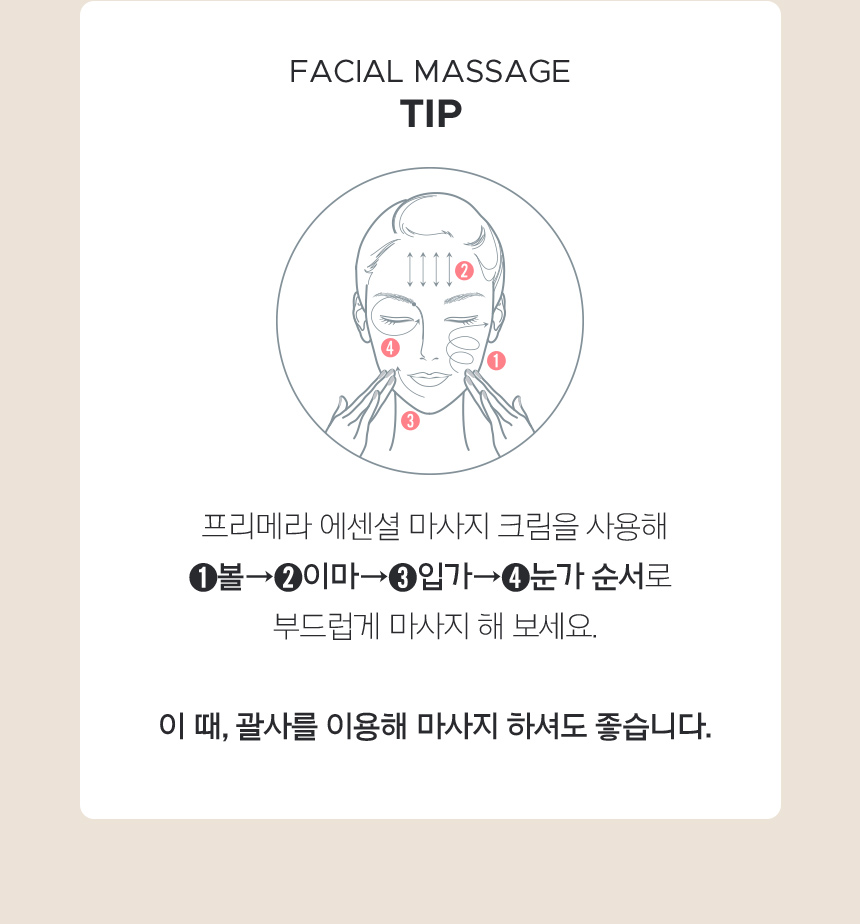 FACIAL MASSAGE TIP / 프리메라 에센셜 마사지 크림을 사용해 ➊볼→➋이마→➌입가→➍눈가 순서로 부드럽게 마사지 해 보세요. 이 때, 괄사를 이용해 마사지 하셔도 좋습니다.